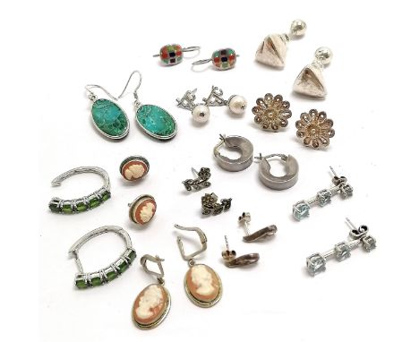 12 x pairs of silver earrings (some unmarked) inc unusual triangular, hand carved portrait cameo, mosaic etc (green stone pai