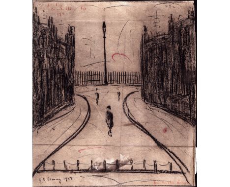 L S Lowry 1958 drawing of a street scene with 3 figures + a lamp post in the distance - 33.4cm x 29.4cm and is drawn on the r