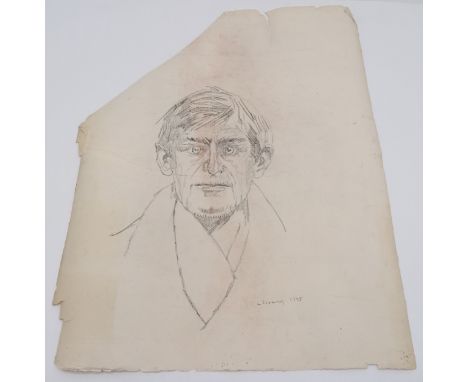 L S Lowry 1945 self portrait drawing - approx 62cm x 47cm and in a fragile state with a tear across the centre (has classical