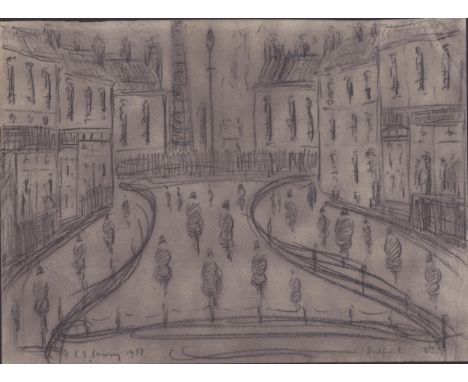 L S Lowry 1959 drawing of many figures in a street surrounded by buildings (with sketch on reverse) - 28cm x 38cm ~ Laurence 