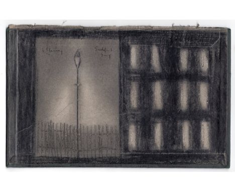 L S Lowry drawing on board (back cover of a book) of street light + railings + building - 14.5cm x 22.8cm ~ Laurence Stephen 