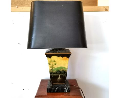 Table lamp with painted landscape scene, 88 cm high to include shade, 40 cm wide to include shade, good used condition, shade