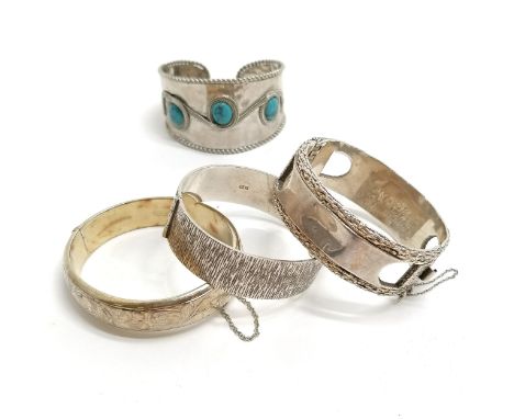 3 x sterling silver bangles (2 have dents &amp; 111g) t/w turquoise stone set cuff bangle 