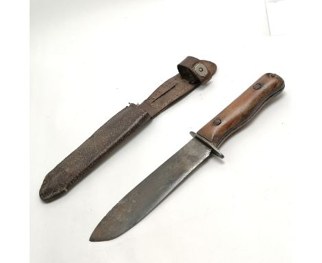 Military Wilkinson sword wooden handled MOD survival knife #27C/2360 in original sheath (old repairs to belt tag) 