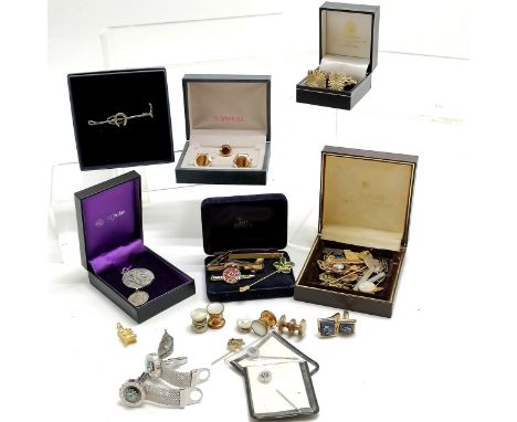 Qty of cufflinks, tie slides, cornish pasty south crofty tin pendant, St Justin St Christopher etc 