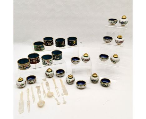 Set of 8 Cloisonne enamel peppers with matching salts, with mother of pearl spoons, t/w 8 cloisonne napkin rings and mother o