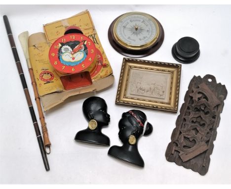 Qty of miscellaneous items inc Barometer 20.5cm t/w framed stone relief panel (slight losses), pair of 1950s plaster relief p