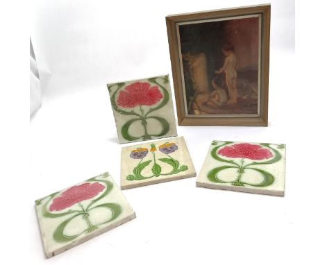 4 x antique Art Nouveau tiles (1 with edge a/f) - 15.5cm square t/w Oleograph of children by fire 'After the bath' by Paul Pe
