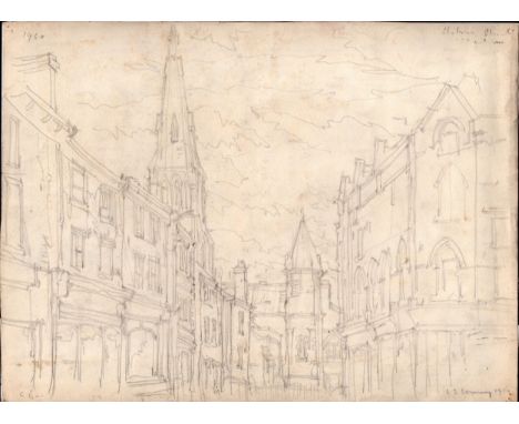 L S Lowry mounted 1950 pencil sketch of a street scene - 28cm x 38cm ~ Laurence Stephen Lowry (1887–1976)