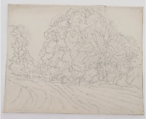 L S Lowry mounted 1961 pencil sketch of some trees + gate in a field - 31.5cm x 39.7cm ~ Laurence Stephen Lowry (1887–1976) 
