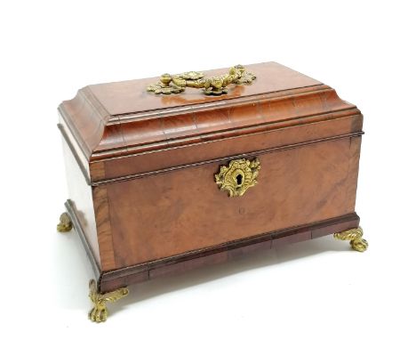 Antique walnut veneered tea caddy box with gilt metal feet &amp; fittings - 27cm x 17cm x 16cm high ~ has matched cannisters 
