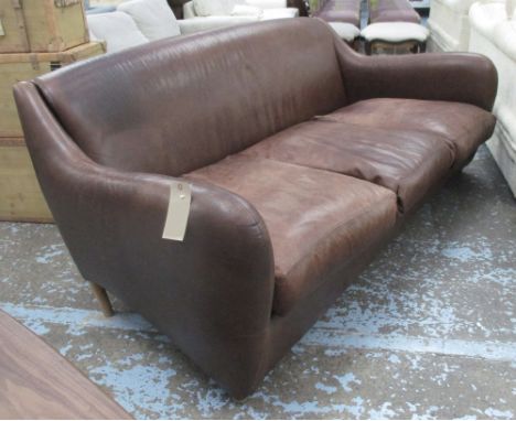 SCP BALZAC SOFA, three seater, by Matthew Hilton, in a distressed burnt umber leather on turned wood feet, 80cm x 102cm x 208