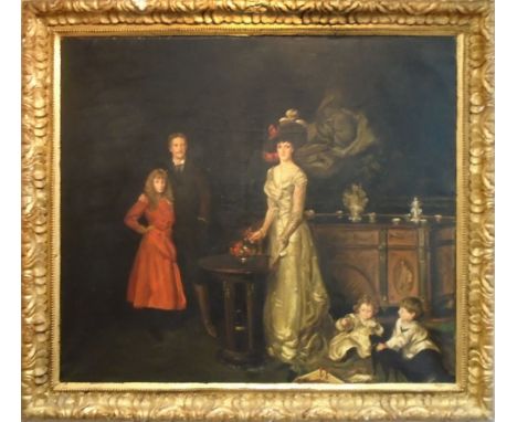 STUDIO OF MIGUEL CANALS, 'Family portrait', oil on canvas, 210cm x 125cm, in gilded frame.