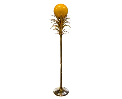 STANDARD PALM TREE LIGHT, late French Art Deco style, gilt metal with cadmium yellow orb light, 160cm H. (with faults)