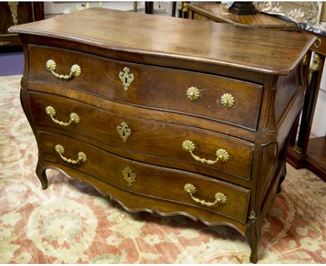 BOMBE COMMODE, Louis XV cherrywood, circa 1750, with three drawers, 85cm H x 123cm W x 66cm D. (with faults, one handle lacki