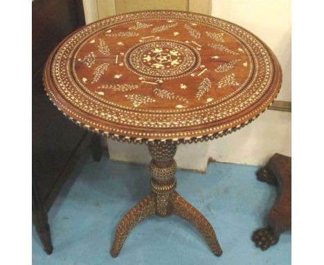 ANGLO-INDIAN CIRCULAR TRIPOD TABLE, early 20th century hardwood, bone and ebony inlaid, 72cm H x 60cm W x 60cm D. (with fault