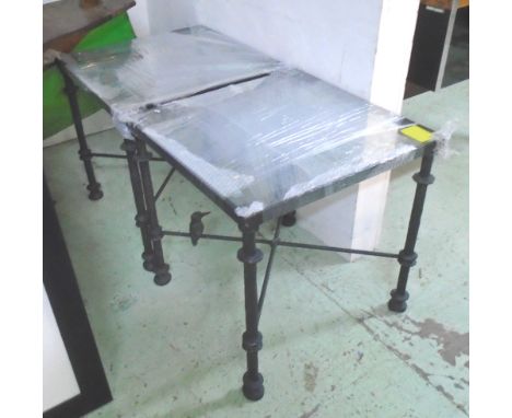 LAMP TABLES, a pair, bespoke made late 20th century, South African, the iron frames with kingfisher bird motif, 60cm x 60cm x