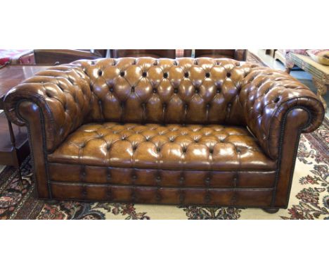 CHESTERFIELD SOFA, vintage tan brown leather deep button upholstered with rounded back and arms, 167cm W.