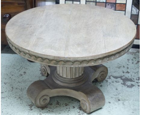 LAMP TABLE, early 20th century limed oak circular with Vitruvian frieze and fluted column, 83cm W x 50cm H.