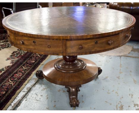 DRUM TABLE, circa 1840, early Victorian mahogany with circular tooled green leather inlaid top over four real and four dummy 