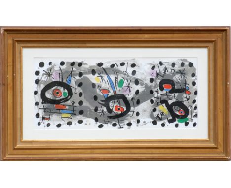 JOAN MIRO, 'Sun bird, moon bird, sparks', original colour lithograph, 1967, Mourlot ref: 499, printed by Mourlot, 70cm x 30cm