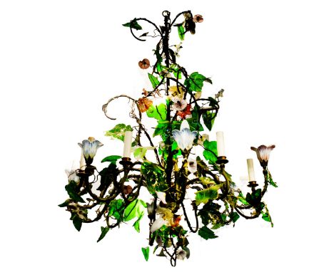 CHANDELIER, mid 20th century gilt metal containing seventeen lights with ceramic flowerhead and green glass leaf decoration, 