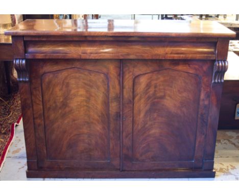 SIDE CABINET, William IV flame mahogany with full width frieze drawer and a pair of arched panelled doors enclosing a shelf, 