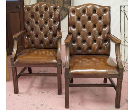 GAINSBOROUGH ARMCHAIRS, a pair, George III design mahogany, each button tan leather upholstered. (2)