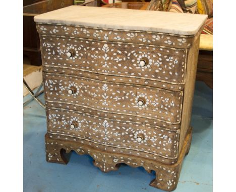 COMMODE, Syrian hardwood and mother of pearl inlay with three frieze drawers and limestone marble, 87cm W x 83cm H x 42cm D.