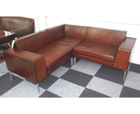 L SHAPED SOFA, contemporary three piece tan leather with steel supports, 70cm x 170cm. 