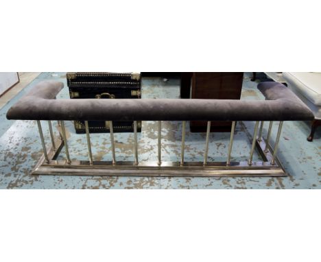 CLUB FENDER, vintage full width padded seat in grey velvet raised upon silvered balustrade support, 52cm H x 187cm x 55cm D.