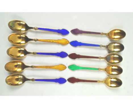 DANISH SILVER GILT AND COLOURED ENAMEL COFFEE SPOONS, set of ten, hallmarked 'Meka sterling Denmark'. (10)