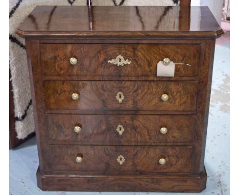 COMMODE, 19th century French Napoleon III burr walnut of adapted shallow proportions and four long drawers, 81cm W x 80cm H x