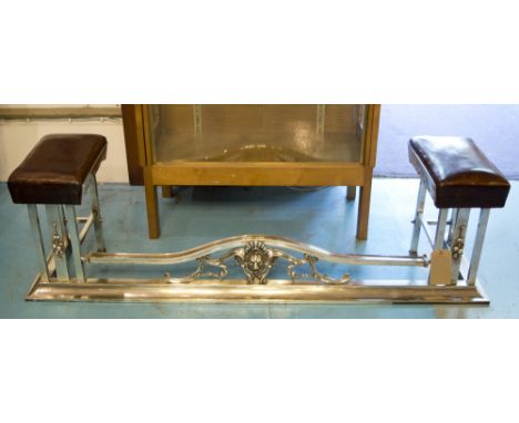 CLUB FENDER, Vintage Art Noveau style silvered with tan leather seat pads and shaped balustrade, 150cm x 36cm D x 46cm H.