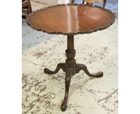 TRIPOD TABLE, George III design mahogany with pie crust edge circular tilt top, bears label 'Made in England for B. Altman & 