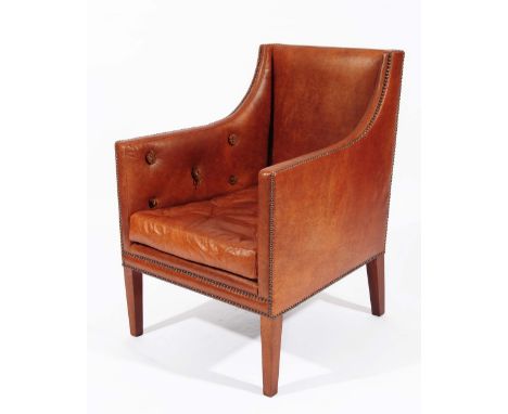 DAVID LINLEY 'NELSON' LIBRARY ARMCHAIR upholstered in button brown studded leather on square tapering legs, 59cm wide