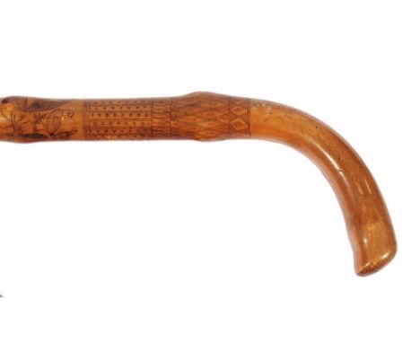 A 19TH CENTURY FOLK ART BRIAR WALKING CANE, with pen work decoration throughout depicting pastoral, hunting and coaching scen