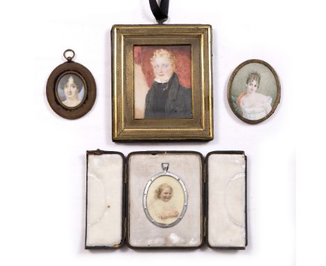 A 19TH CENTURY PORTRAIT MINIATURE painted head and shoulders of Mrs Jane Douglas, 4cm oval; and three further various miniatu