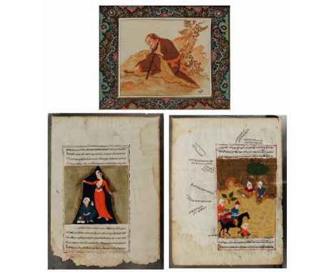 TWO PERSIAN MANUSCRIPT PAGES illustrated with figures, each double-sided, glazed and framed, 30 x 20cm and a further modern M