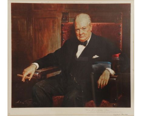 A SIGNED COLOURED PRINT of Sir Winston Churchill, after Arthur Pan, signed by Churchill in black ink to the margin beneath th