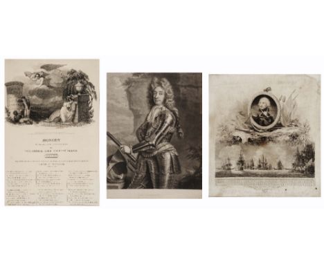 A MONOCHROME LITHOGRAPH relating to Admiral Lord Nelson, the Victory of the Nile, 33 x 29cm, another, a 'Monody on the Ever T