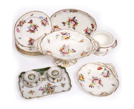 A 19TH CENTURY COALPORT-TYPE PART DESSERT SERVICE, painted with floral sprays and with gilt heightened borders, comprising an