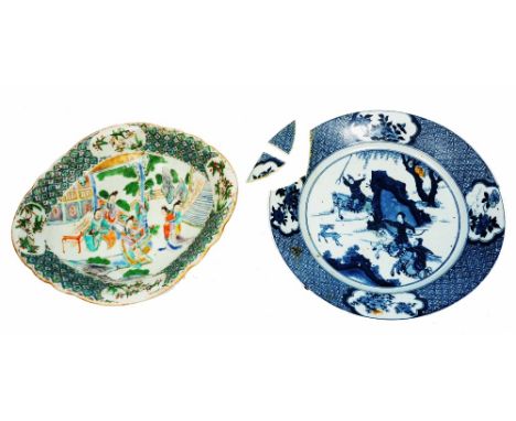 A 19TH CENTURY CHINESE, CANTONESE, SHAPED DISH decorated with figures in a garden in polychrome enamels, 27cm wide and an 18t