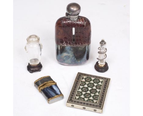 A SMALL COLLECTION OF OBJECTS TO INCLUDE two glass scent bottles, a hardstone necessaire, a silver plated and crocodile hip f