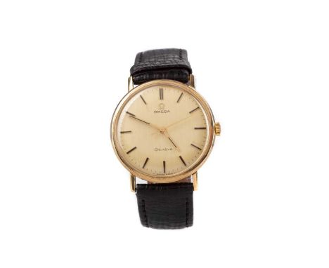 GENTLEMAN'S OMEGA GOLD CASED MANUAL WIND WRIST WATCH ,the round linen dial with applied baton hour markers, outer seconds tra
