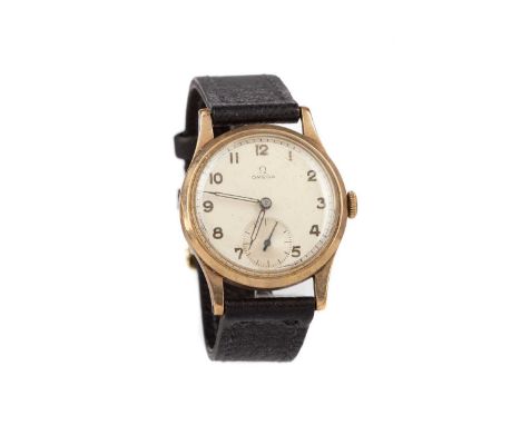 GENTLEMAN'S OMEGA NINE CARAT GOLD MANUAL WIND WRIST WATCH,the round cream dial with Arabic hour markers, outer seconds track 