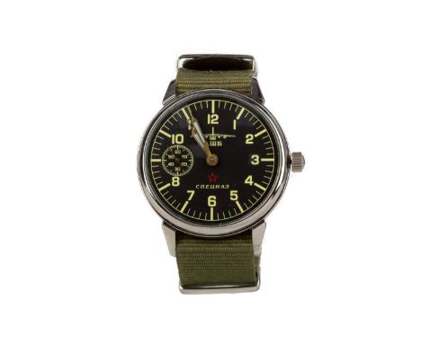 RUSSIAN PILOTS STAINLESS STEEL MANUAL WIND WRIST WATCH,the round black dial with Arabic hour markers, lume outer seconds trac