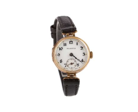 LADY'S ROLWATCO NINE CARAT GOLD MANUAL WIND WRIST WATCHthe round white enamel dial with Arabic hour markers, dot outer second