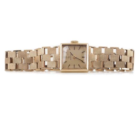 LADY'S OMEGA NINE CARAT GOLD MANUAL WIND WRIST WATCH,the square champagne dial with applied baton hour markers, 14mm case, on