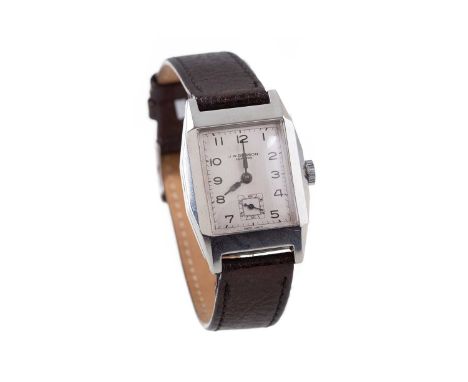GENTLEMAN'S JW BENSON STAINLESS STEEL MANUAL WIND WRIST WATCH,the rectangular silvered dial with Arabic hour markers, outer s
